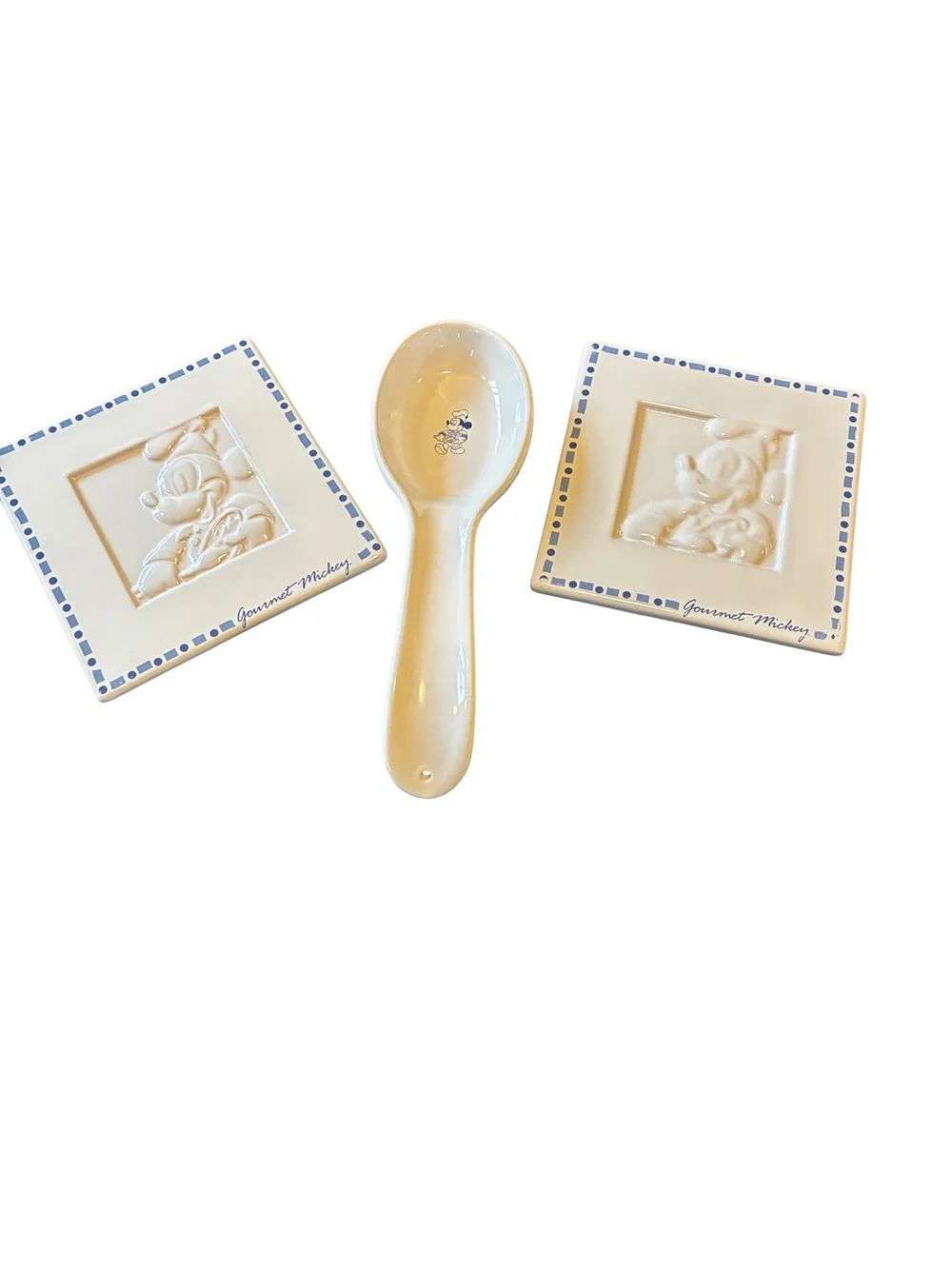 Disney Gourmet Mickey Ceramic Kitchen Set Spoon Rest + 2 Trivets Blue Embossed